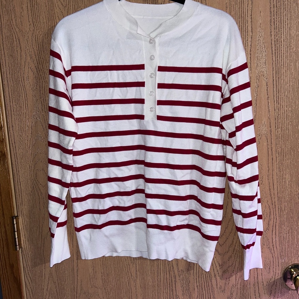 Striped White and Red Henley Sweater